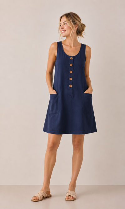 Vestido lino con botones y bolsillos