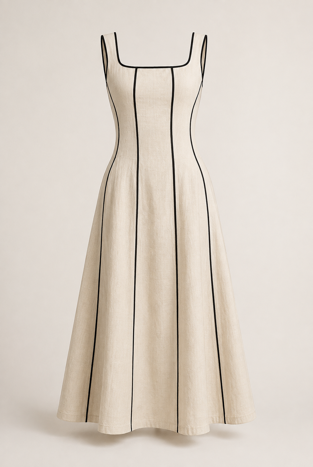 Camille | Vestido largo de lino a rayas con ribete negro