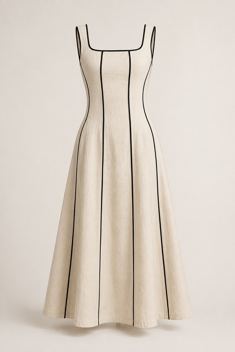Camille | Vestido largo de lino a rayas con ribete negro