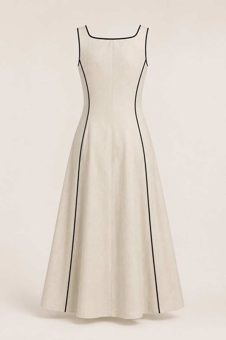 Camille | Vestido largo de lino a rayas con ribete negro
