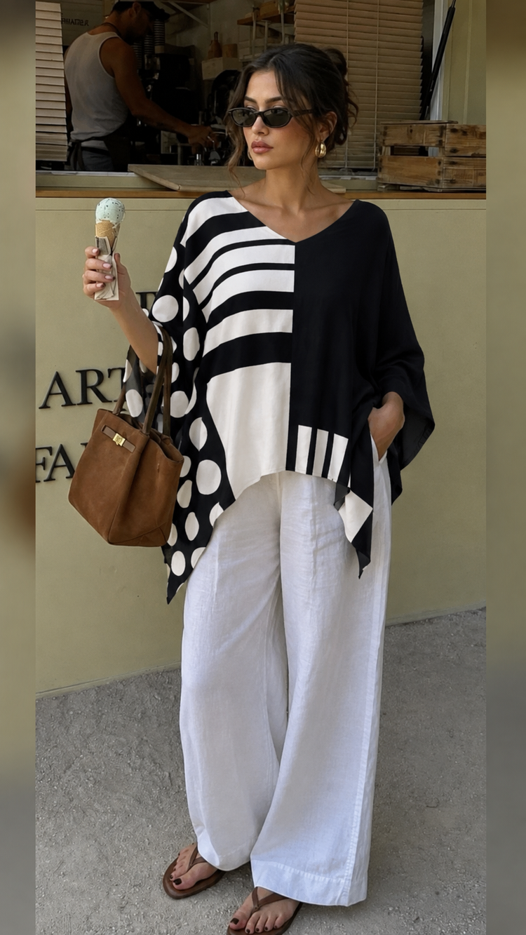 Top de algodón y lino con estampado de lunares