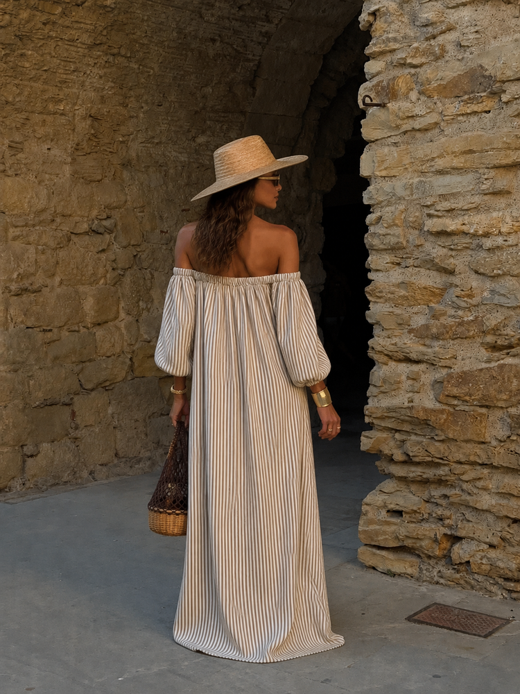 Carmen | Vestido largo de algodón y lino con hombros descubiertos