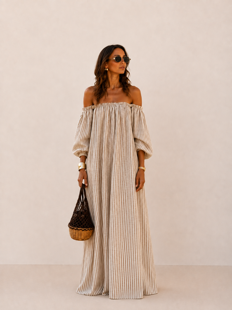 Carmen | Vestido largo de algodón y lino con hombros descubiertos