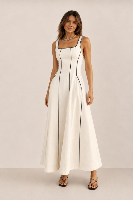 Camille | Vestido largo de lino a rayas con ribete negro — DELANTE