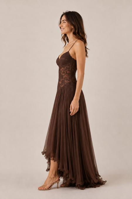 FEDERICA | Vestido largo de encaje marrón — PERFIL