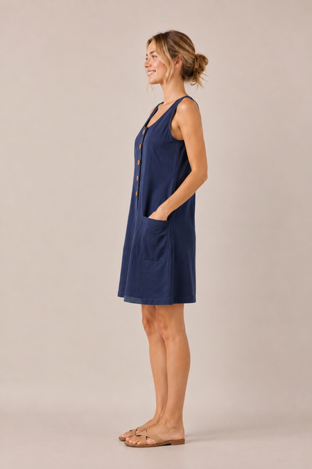 Vestido lino con botones y bolsillos — PERFIL