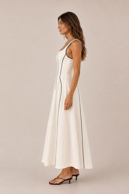 Camille | Vestido largo de lino a rayas con ribete negro — PERFIL