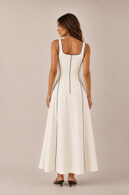 Camille | Vestido largo de lino a rayas con ribete negro — DETRÁS